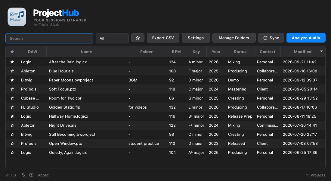 ProjectHub library with fictional sample projects across Logic, Ableton, Bitwig, Pro Tools, Cubase, and FL Studio